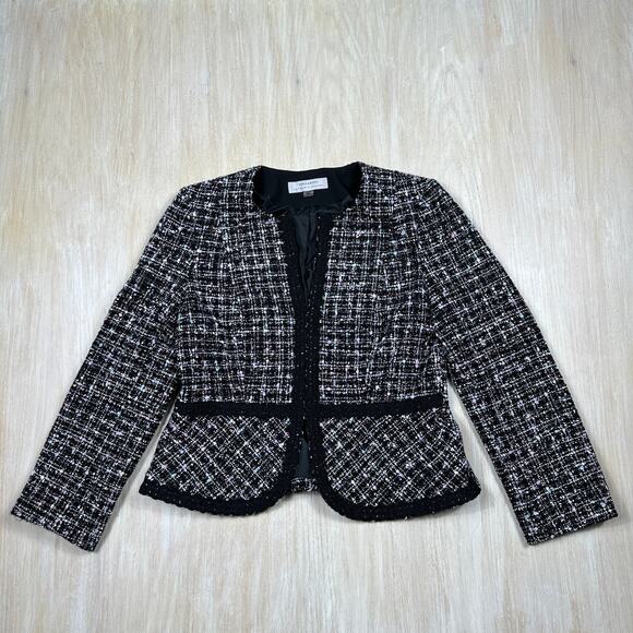 Tahari Black Multicolor Tweed Cropped Elegant Work Open Front Blazer Jacket 12 - Picture 1 of 14